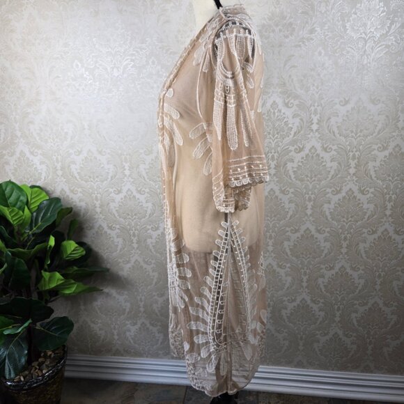 Rebellion Again One Size Boho Ivory Cream/Blush Open Front Kimono CoverUp - Picture 5 of 10